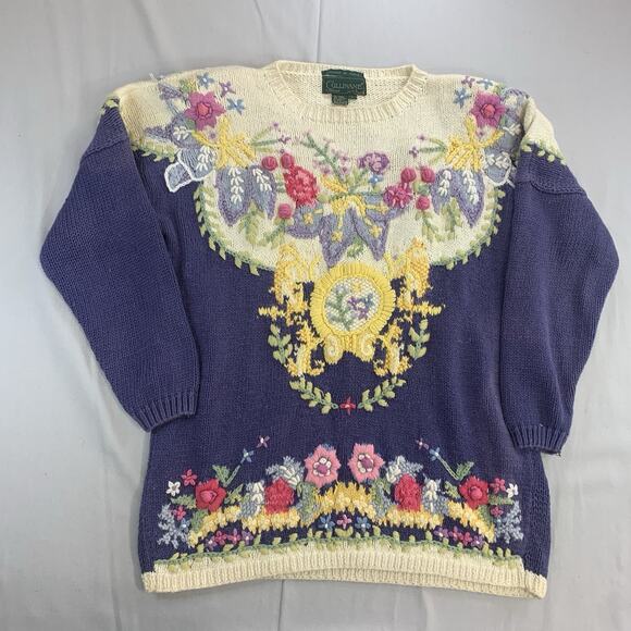 Cullinane Hand Knit Vintage Sweater Floral Shoulder Padded Womens Size Large - Picture 2 of 9